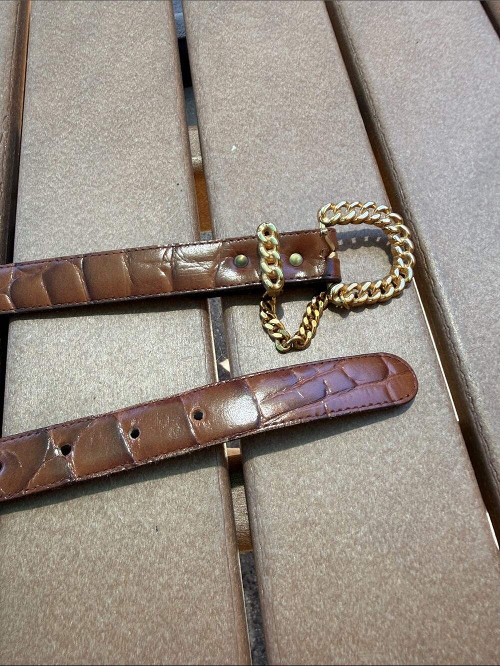 Robbie Nelson Made in USA Leather Belt with Chain Brown Gold